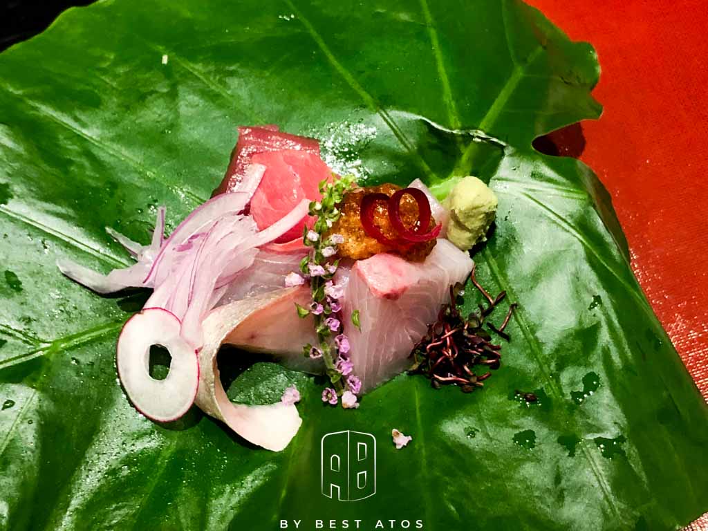 造里 ～雨後風涼暑氣收：鹽熟成旬魚三點盛会：信州鱒昆布漬、鲔魚柚子橄欖油、本日鲜魚鹽熟成、泡醬油